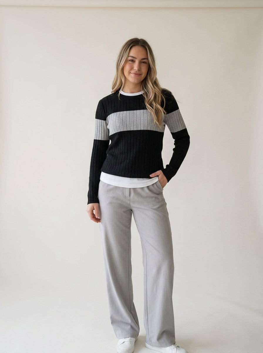 Color Block Ribbed Knit Pullover in black, worn