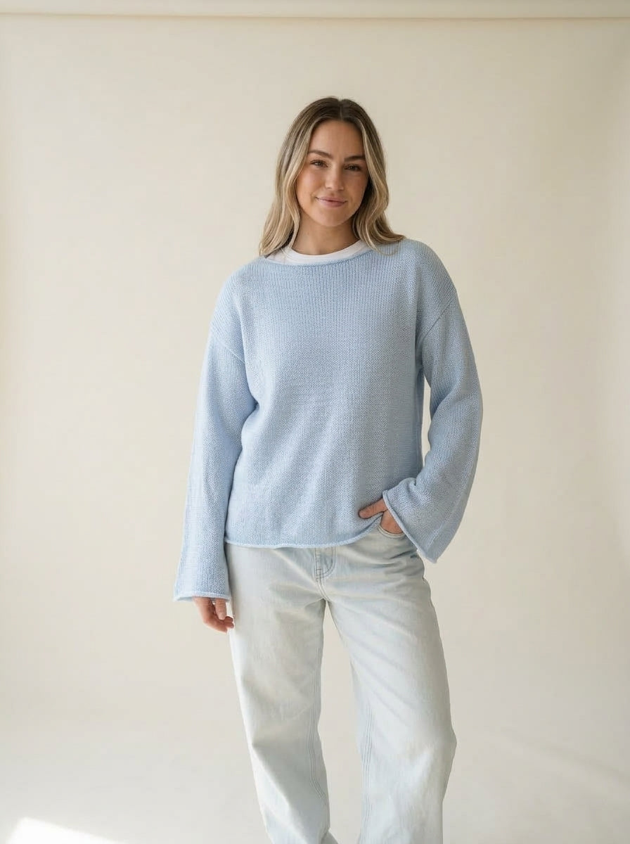 Sheer Open Knit Wide Sleeve Pullover in SKY BLUE, worn