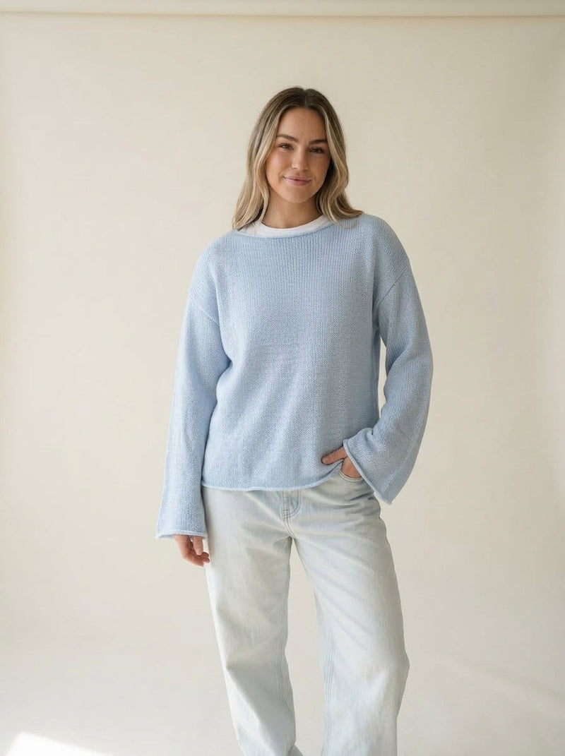 Sheer Open Knit Wide Sleeve Pullover in SKY BLUE, worn