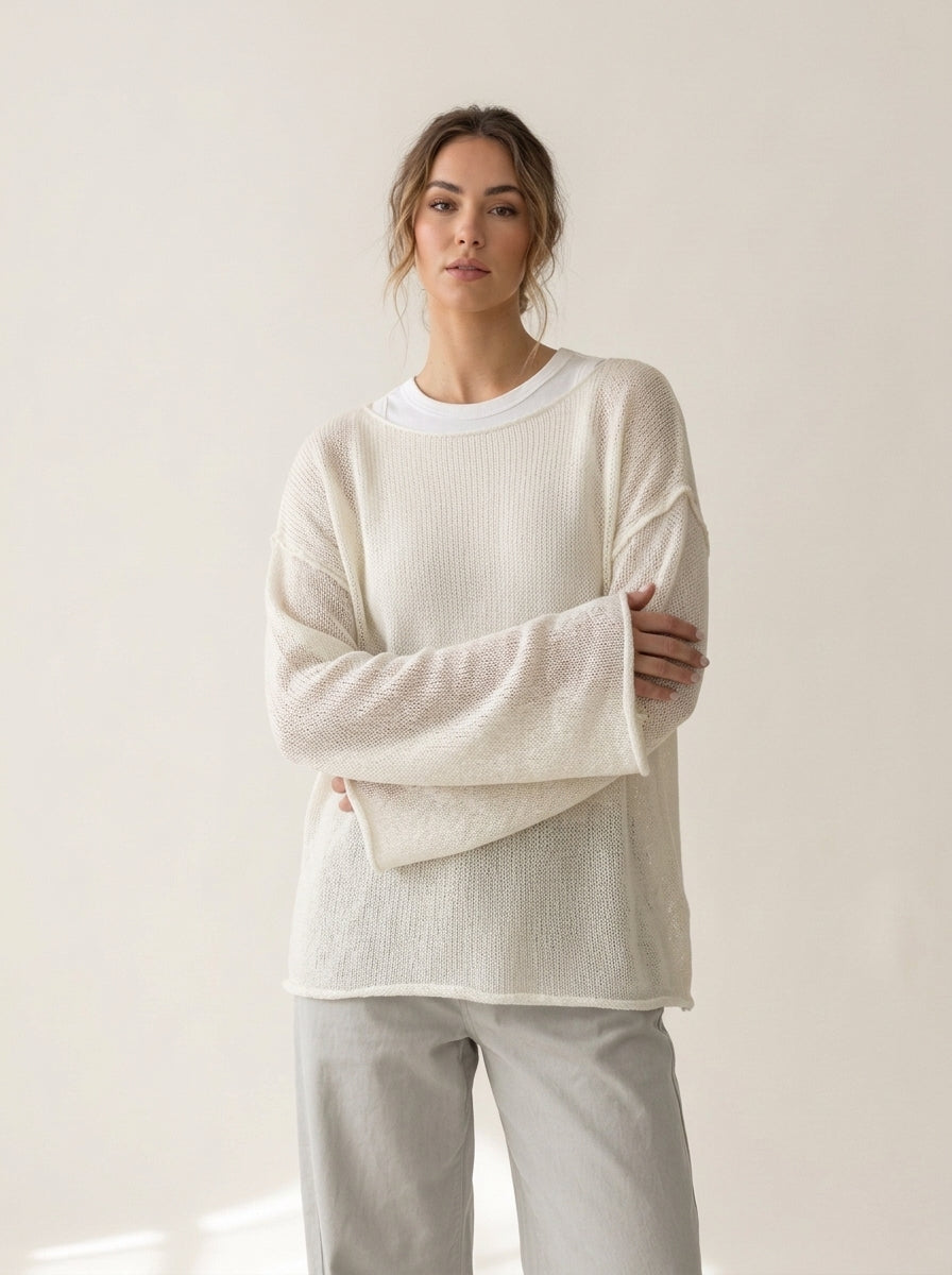 Sheer Open Knit Wide Sleeve Pullover in WHITE, worn