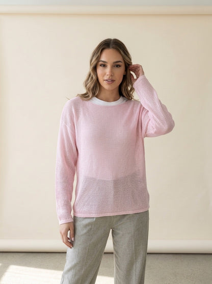 Sheer Open Knit Wide Sleeve Pullover in Pink, worn