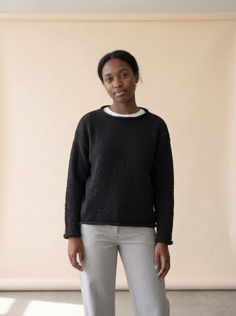 Sheer Open Knit Wide Sleeve Pullover in Black, worn
