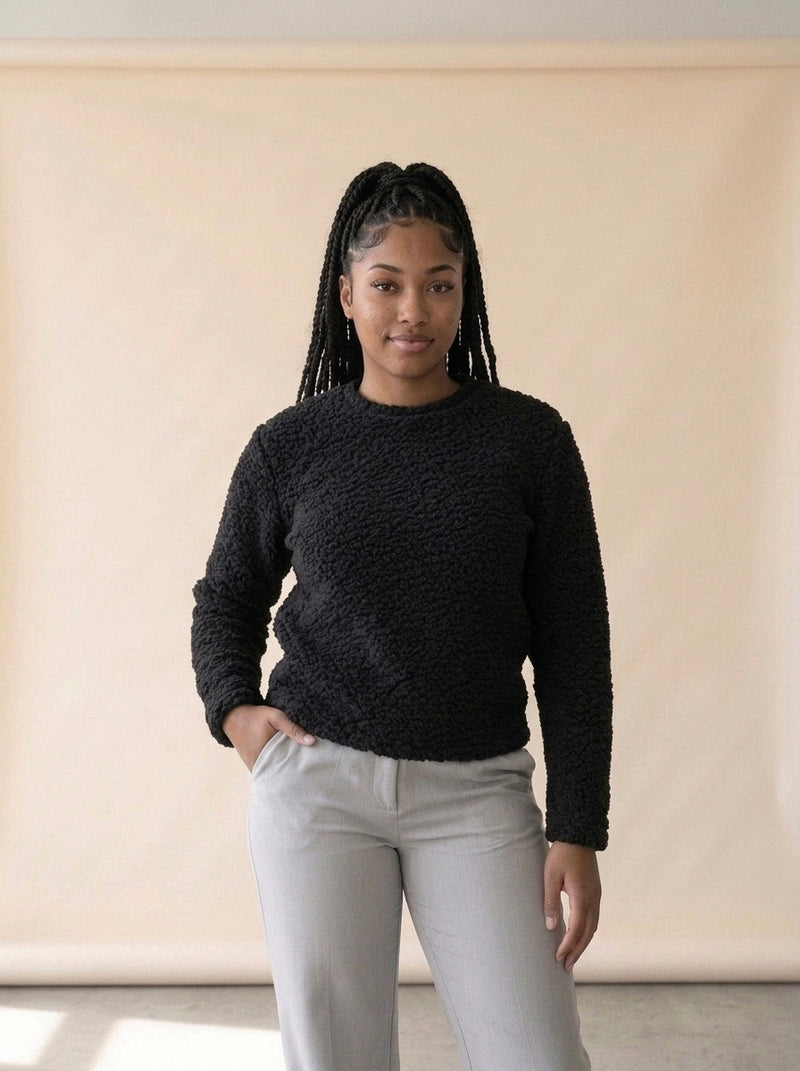 Sheer Open Knit Wide Sleeve Pullover in Black, worn