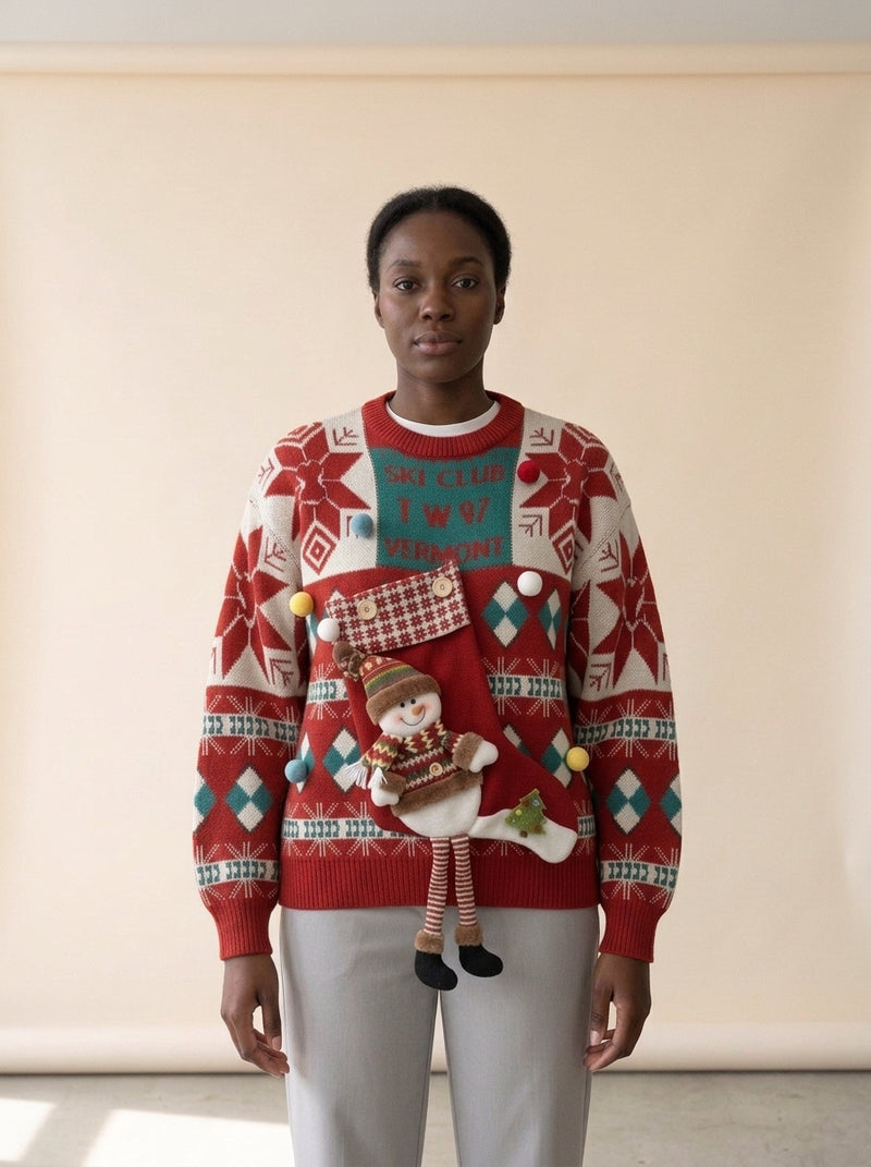 Cozy Loose Christmas Knit Sweater in Red, worn