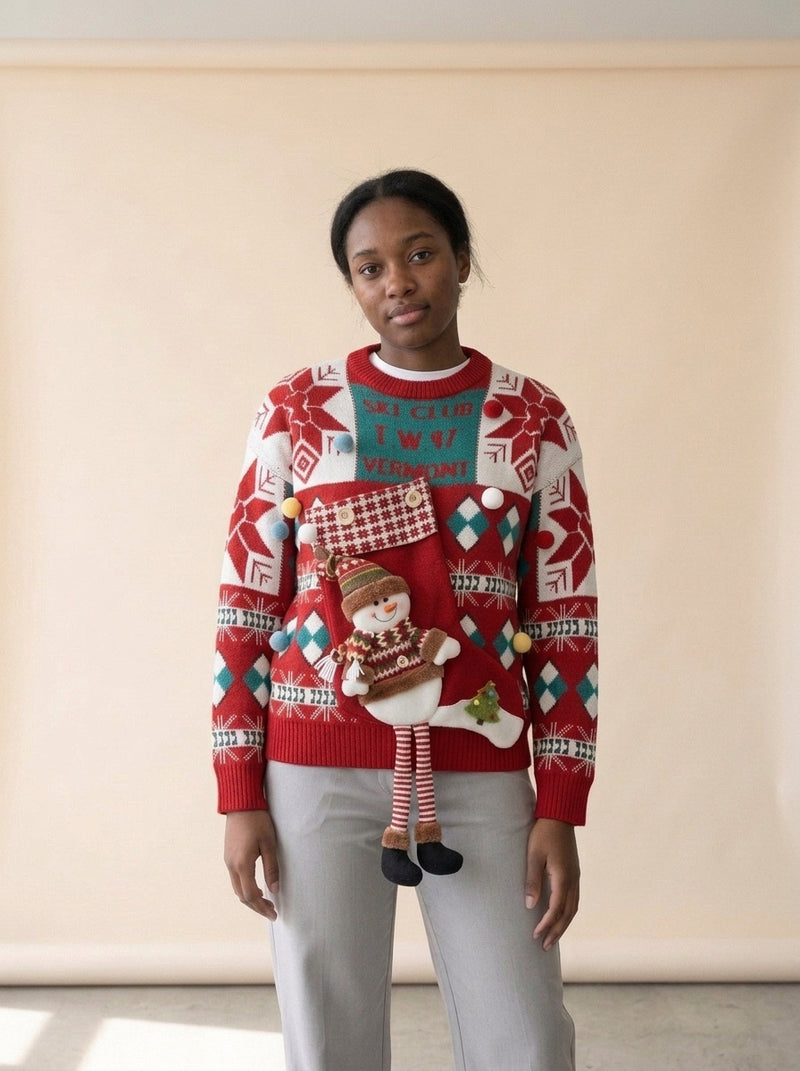 Cozy Loose Christmas Knit Sweater in Red, worn