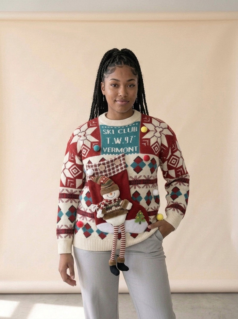 Cozy Loose Christmas Knit Sweater in Beige, worn