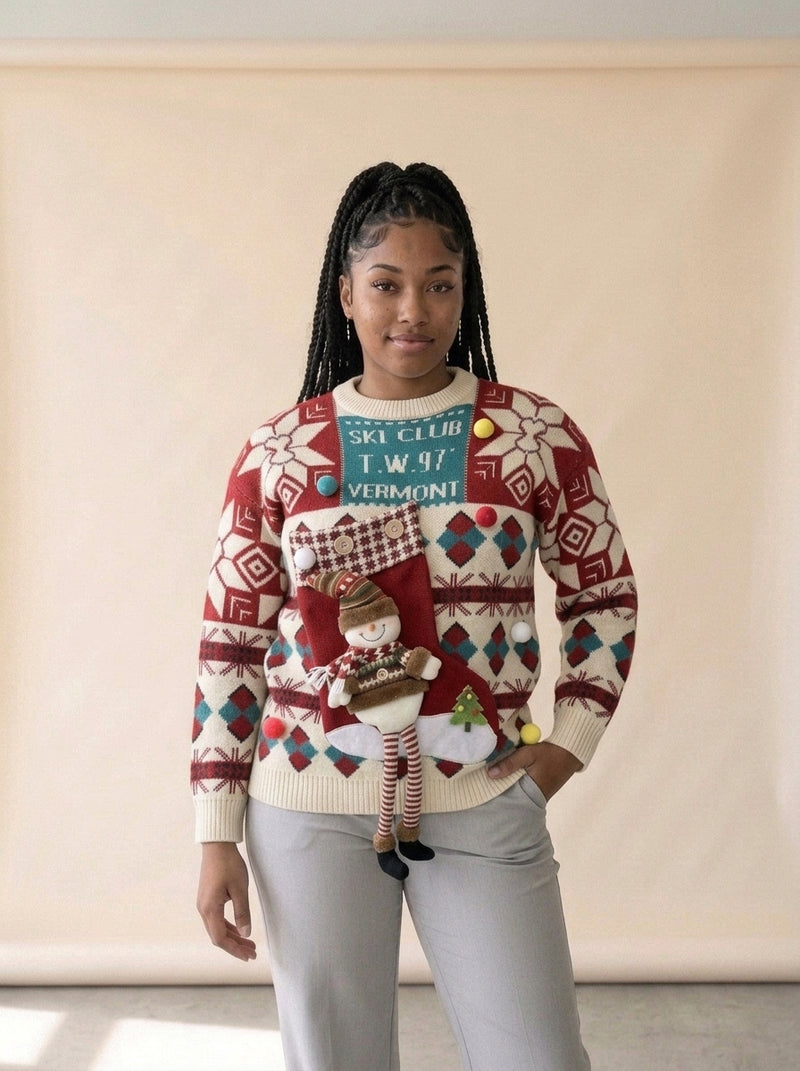 Cozy Loose Christmas Knit Sweater in Beige, worn