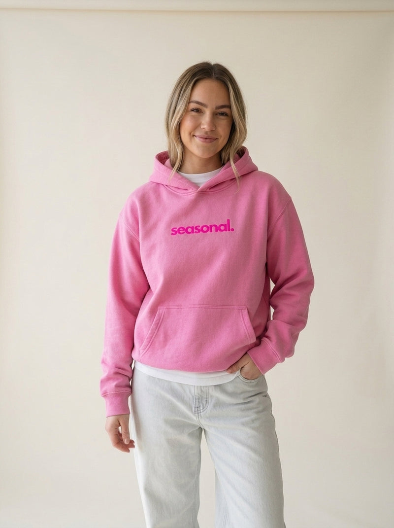 Stone Washed Heavy Fleece Hoodie in Rose Pink, worn