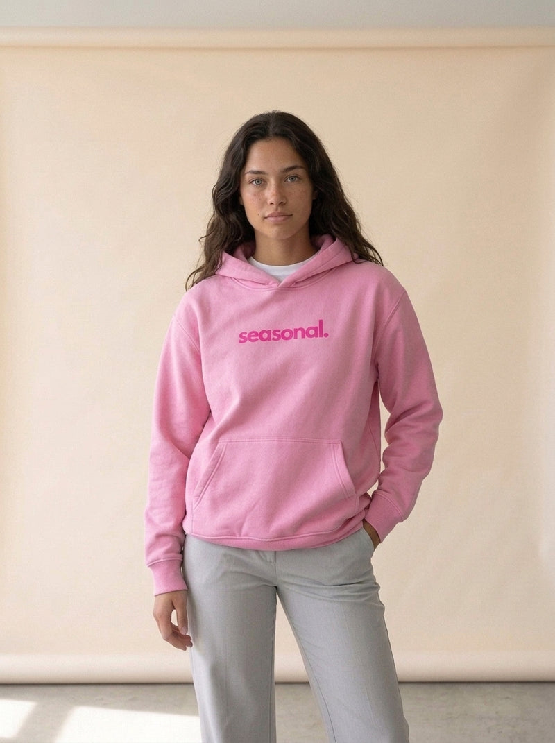 Stone Washed Heavy Fleece Hoodie in Rose Pink, worn