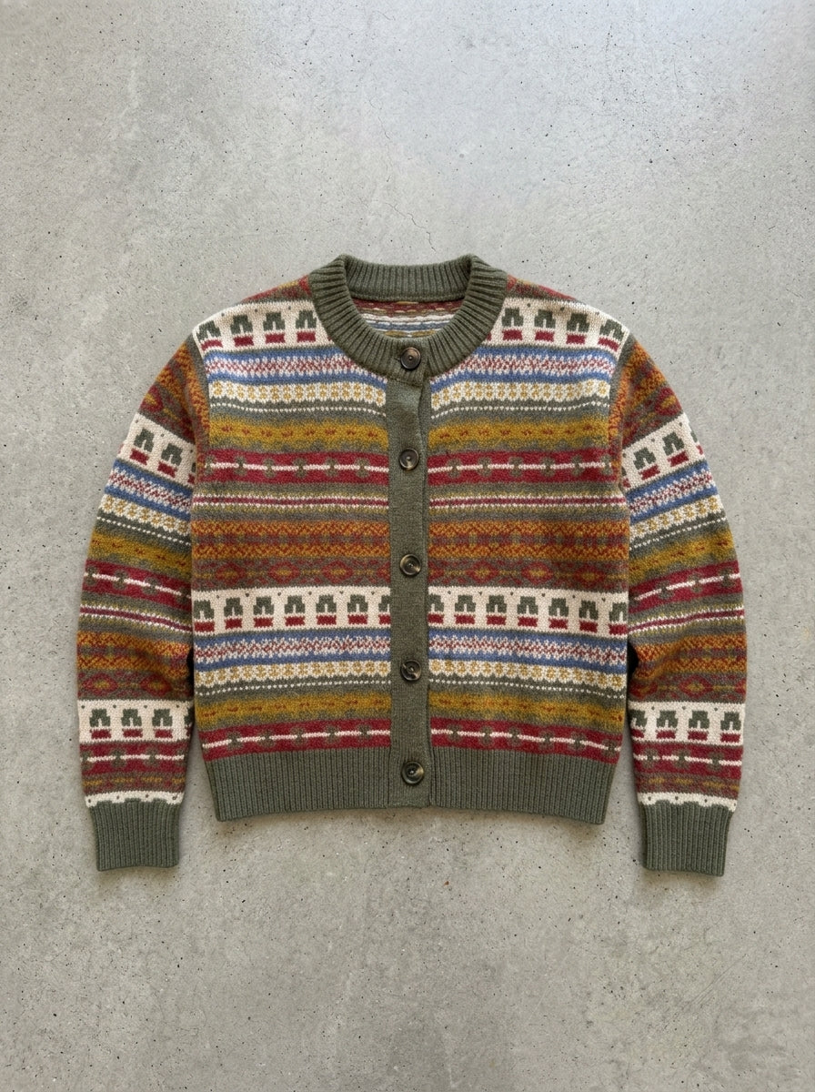 Retro Heart Colour Block Kids Cardigan in army green