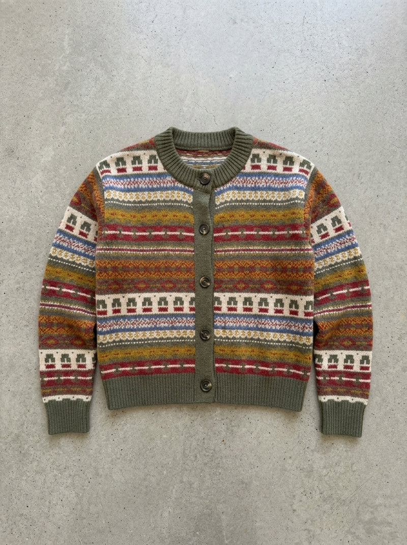 Retro Heart Colour Block Kids Cardigan in army green
