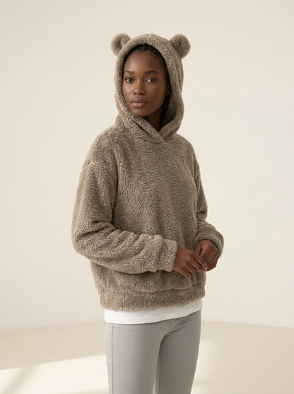 Cosy Hooded Drop Shoulder Pullover Sweater in Khaki, worn