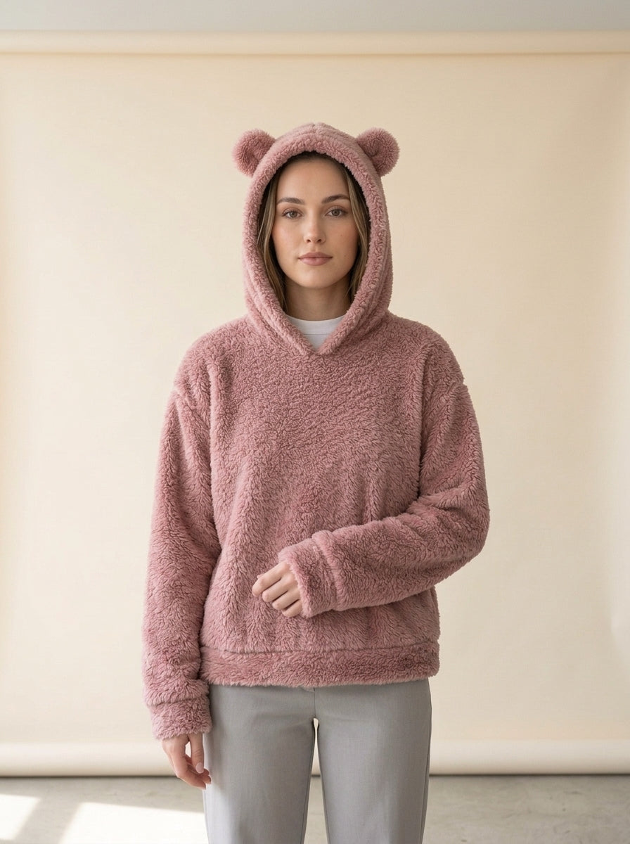 Cosy Hooded Drop Shoulder Pullover Sweater in Beige, worn