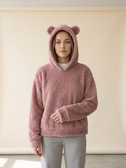 Cosy Hooded Drop Shoulder Pullover Sweater in Beige, worn