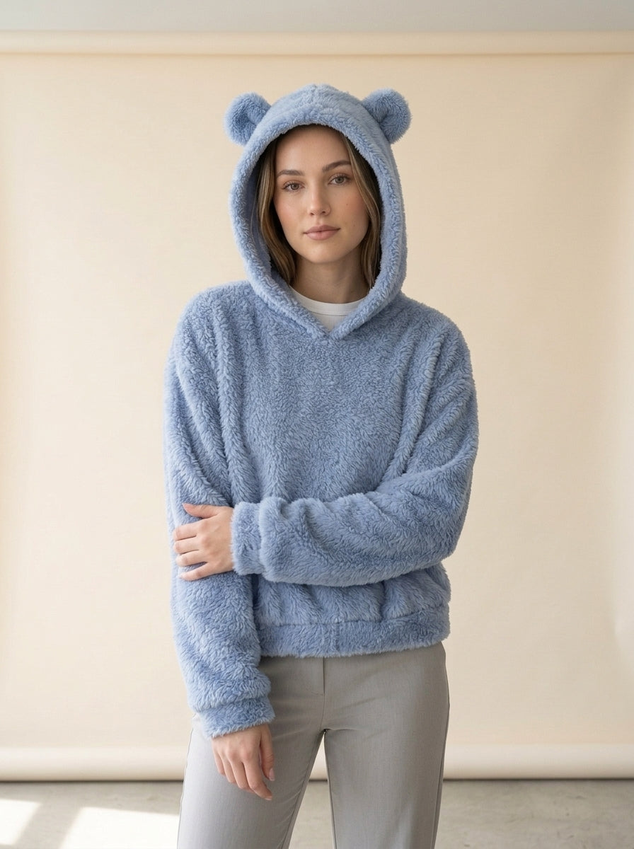 Cosy Hooded Drop Shoulder Pullover Sweater in Blue, worn