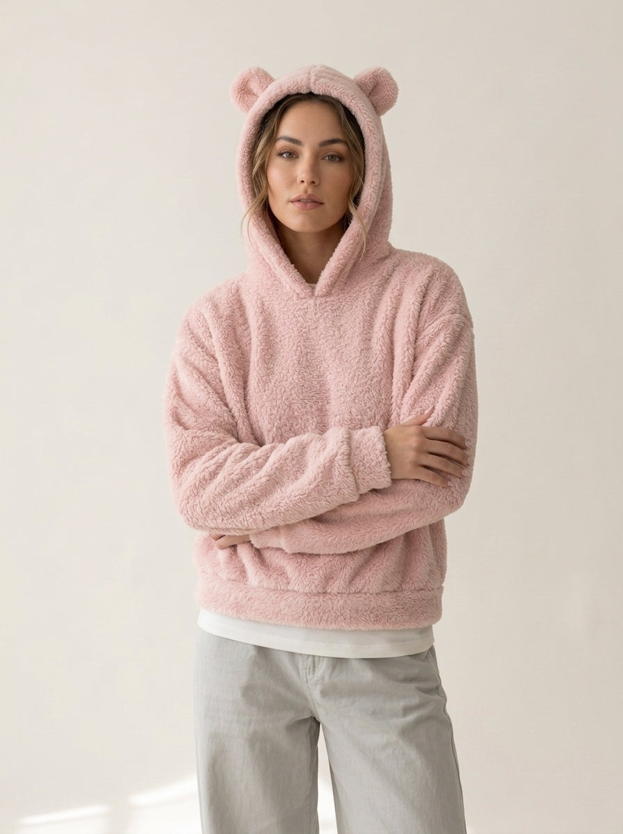 Cosy Hooded Drop Shoulder Pullover Sweater in Pink, worn