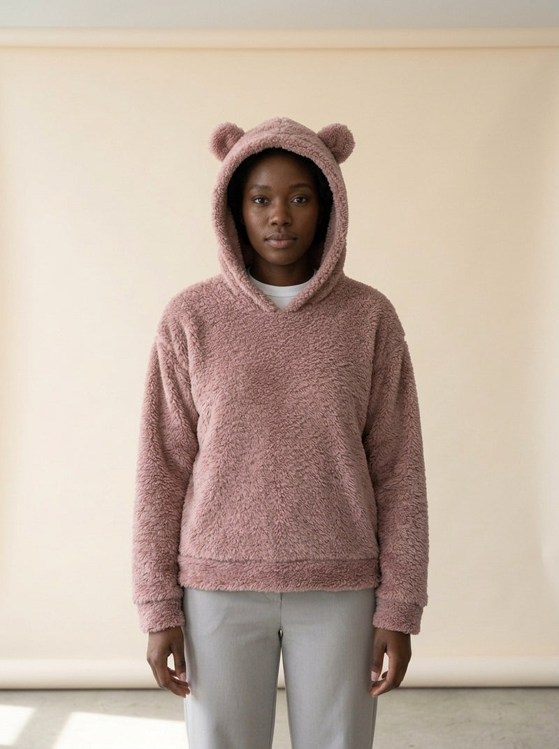 Cosy Hooded Drop Shoulder Pullover Sweater in Beige, worn