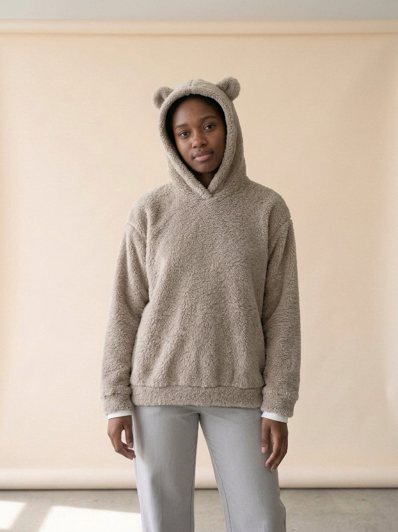 Cosy Hooded Drop Shoulder Pullover Sweater in Beige, worn