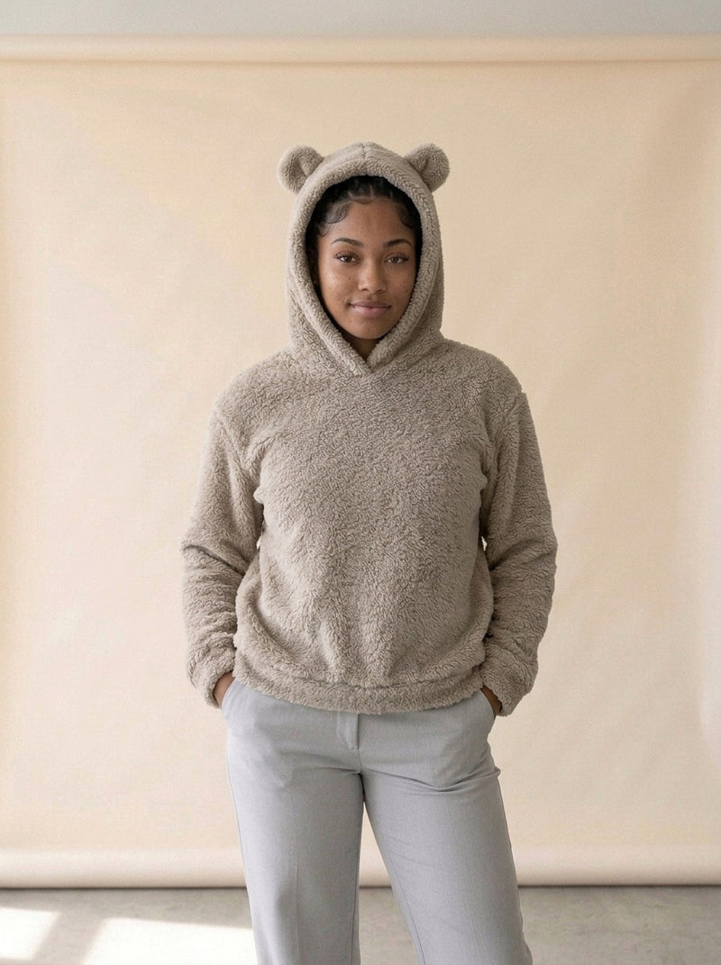 Cosy Hooded Drop Shoulder Pullover Sweater in Beige, worn