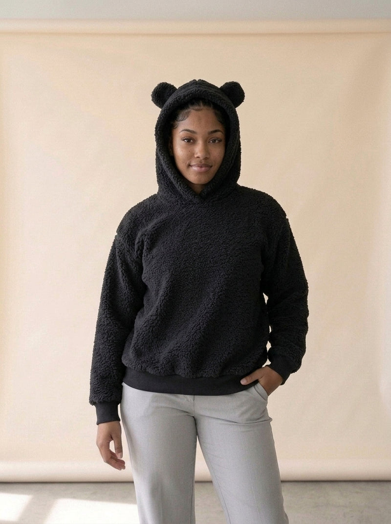 Cosy Hooded Drop Shoulder Pullover Sweater in Black, worn