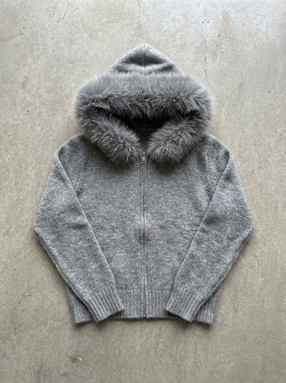 Fluffy Hood Zip-Up Knit Sweater Jacket in Grey