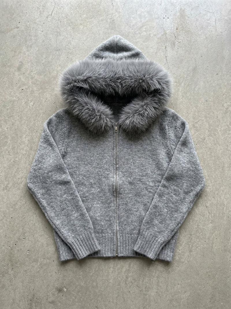 Fluffy Hood Zip-Up Knit Sweater Jacket in Grey