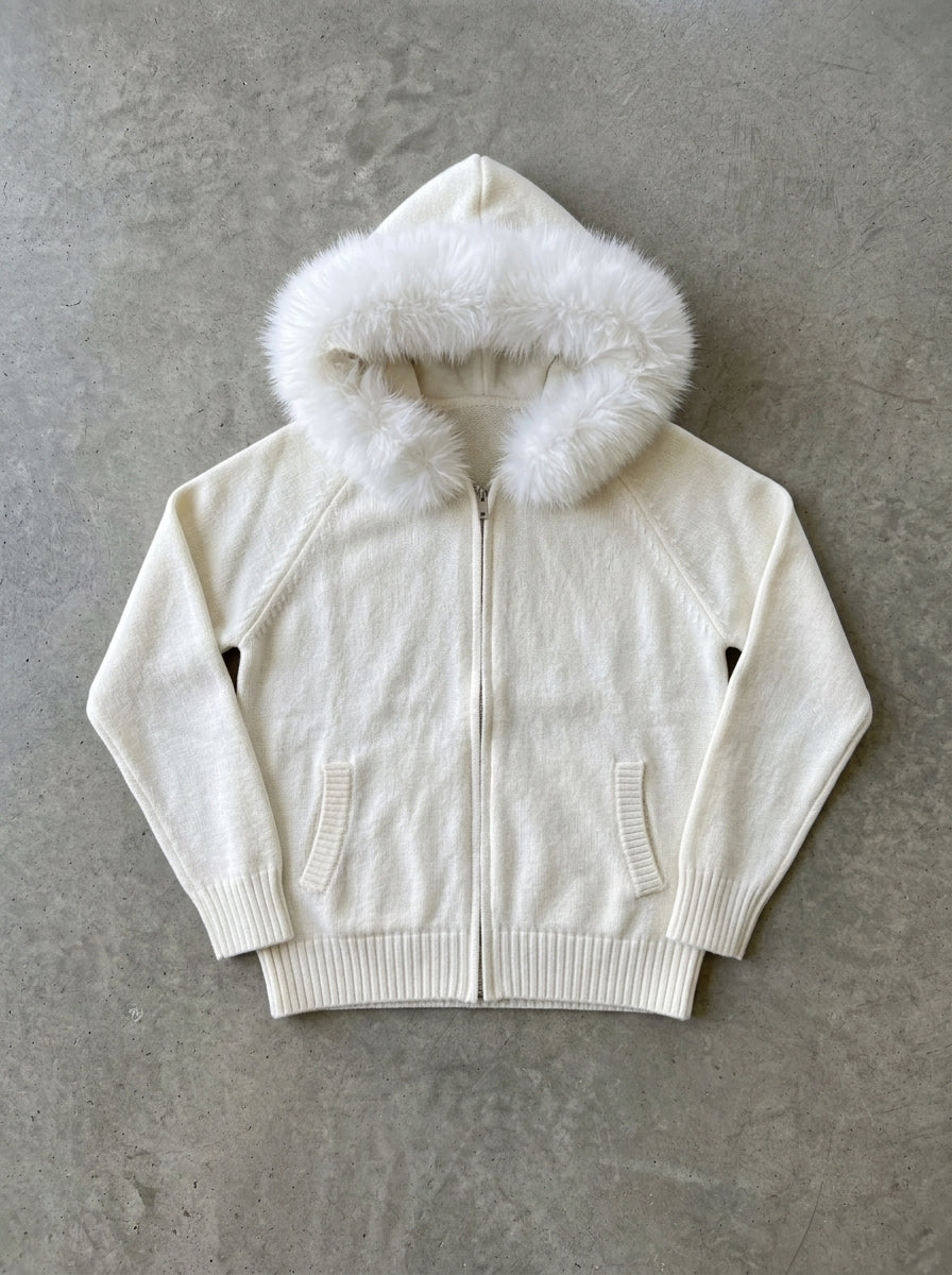 Fluffy Hood Zip-Up Knit Sweater Jacket in white
