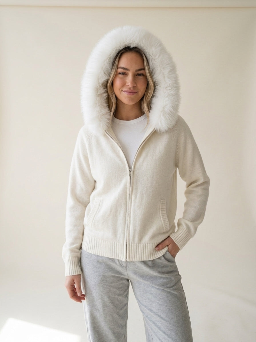 Fluffy Hood Zip-Up Knit Sweater Jacket in white, worn