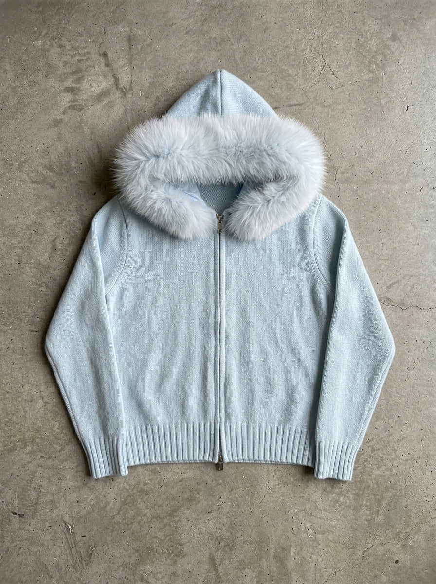 Fluffy Hood Zip-Up Knit Sweater Jacket in light blue