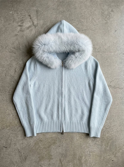 Fluffy Hood Zip-Up Knit Sweater Jacket in light blue
