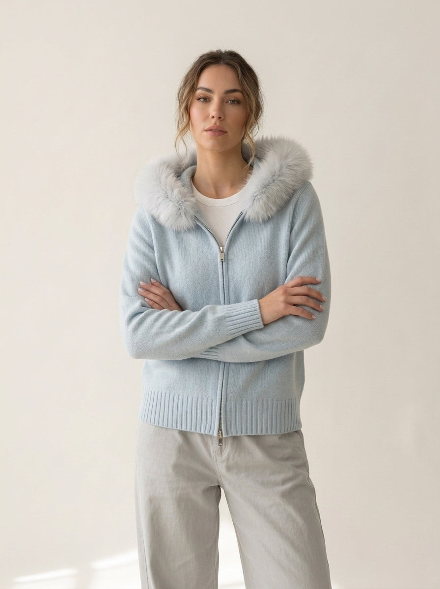 Fluffy Hood Zip-Up Knit Sweater Jacket in light blue, worn