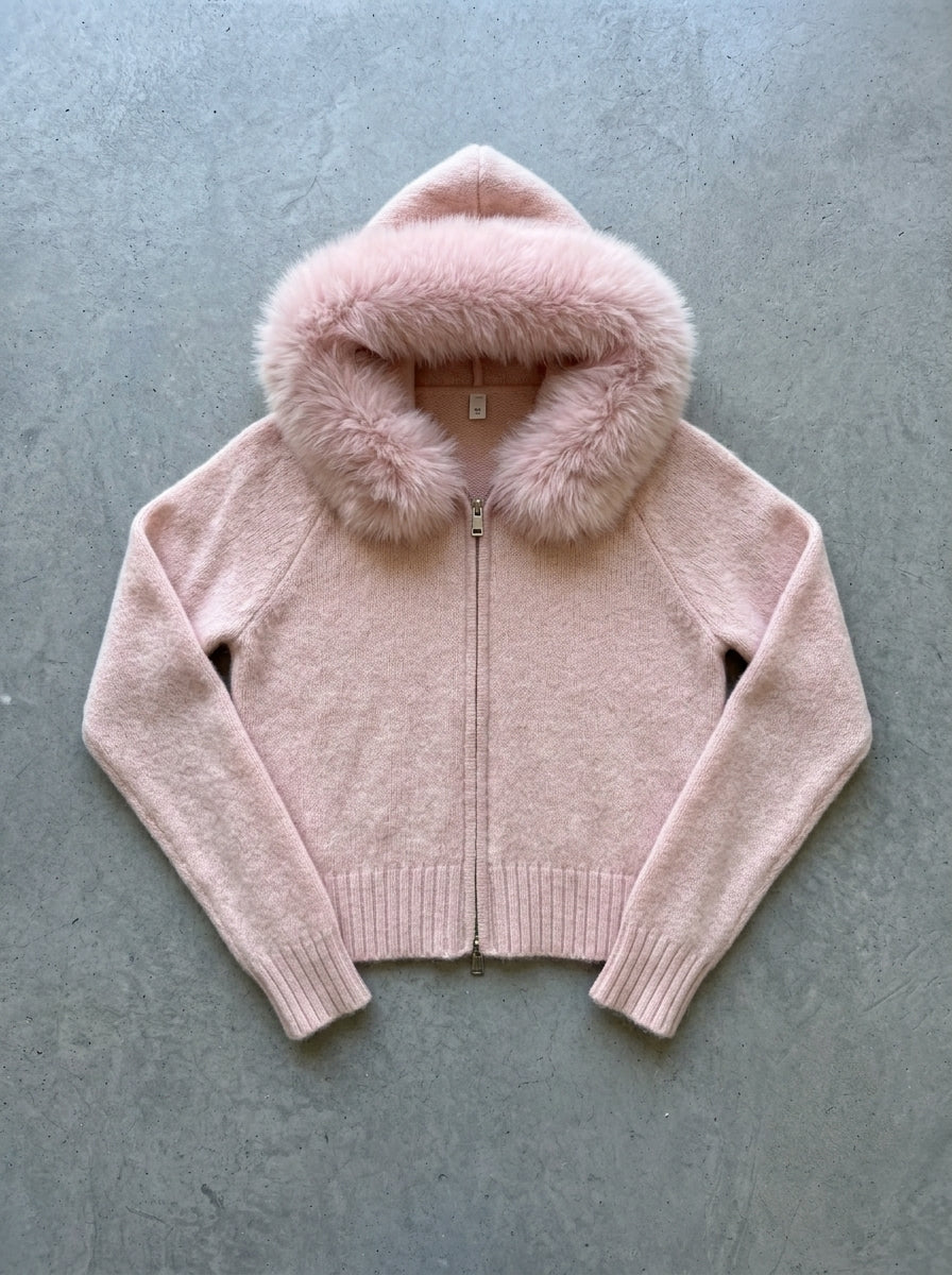 Fluffy Hood Zip-Up Knit Sweater Jacket in pink