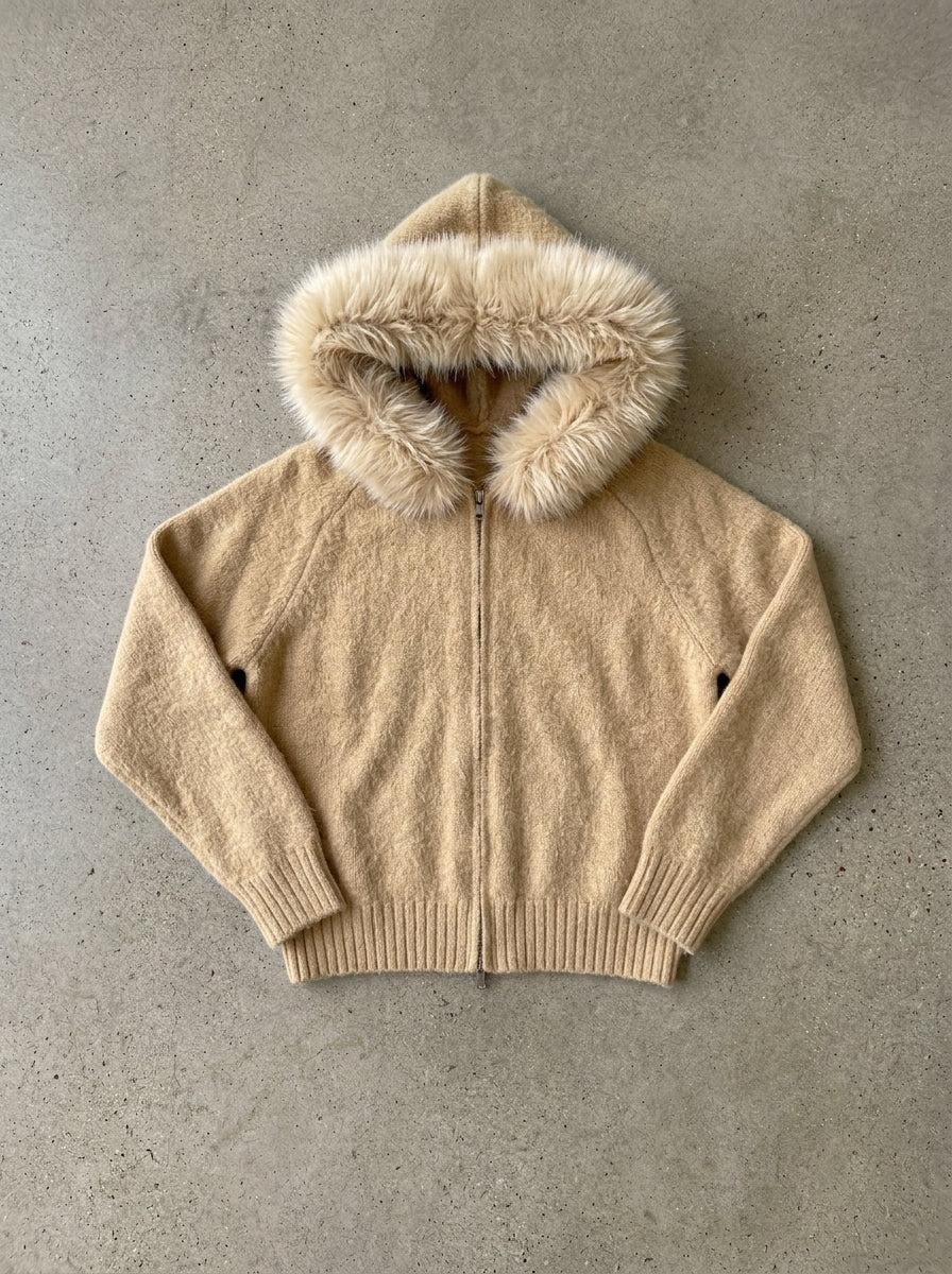 Fluffy Hood Zip-Up Knit Sweater Jacket in Khaki