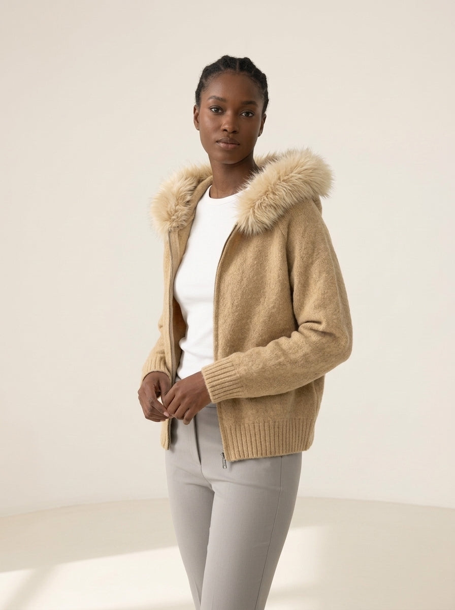 Fluffy Hood Zip-Up Knit Sweater Jacket in Khaki, worn