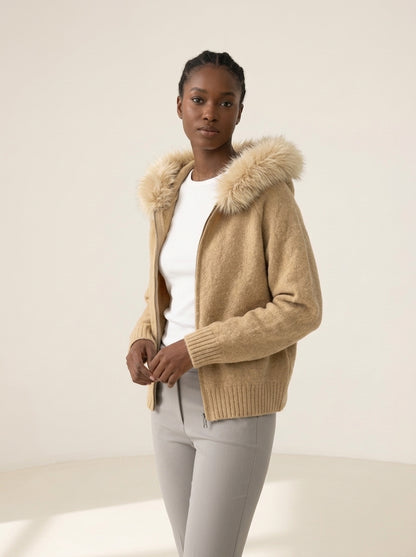 Fluffy Hood Zip-Up Knit Sweater Jacket in Khaki, worn