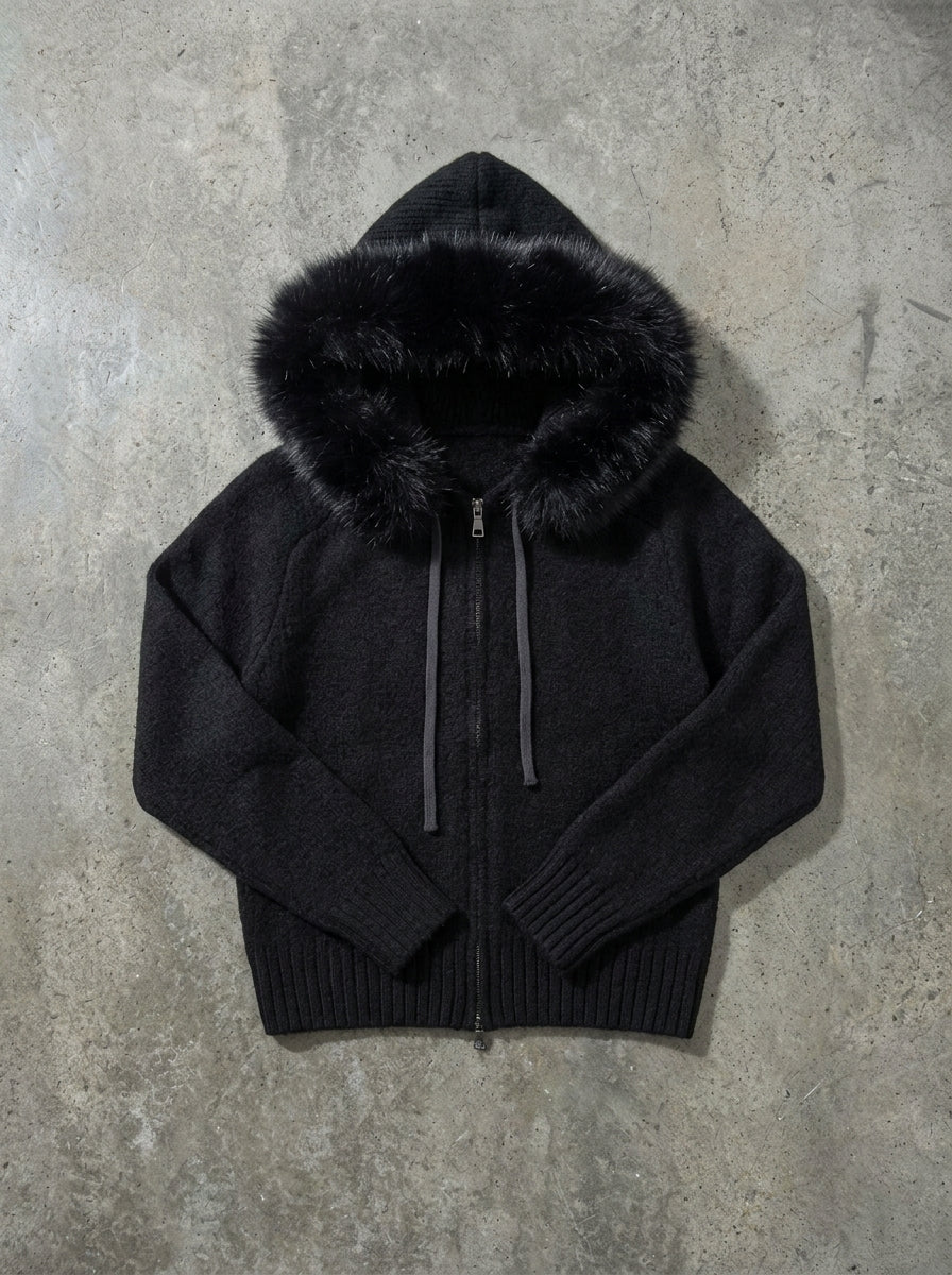 Fluffy Hood Zip-Up Knit Sweater Jacket in black