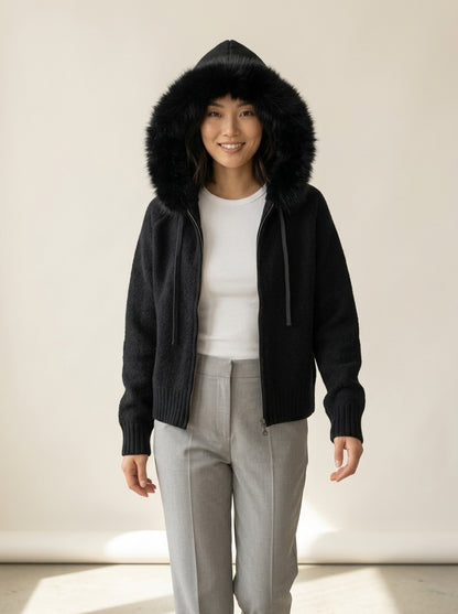 Fluffy Hood Zip-Up Knit Sweater Jacket in black, worn