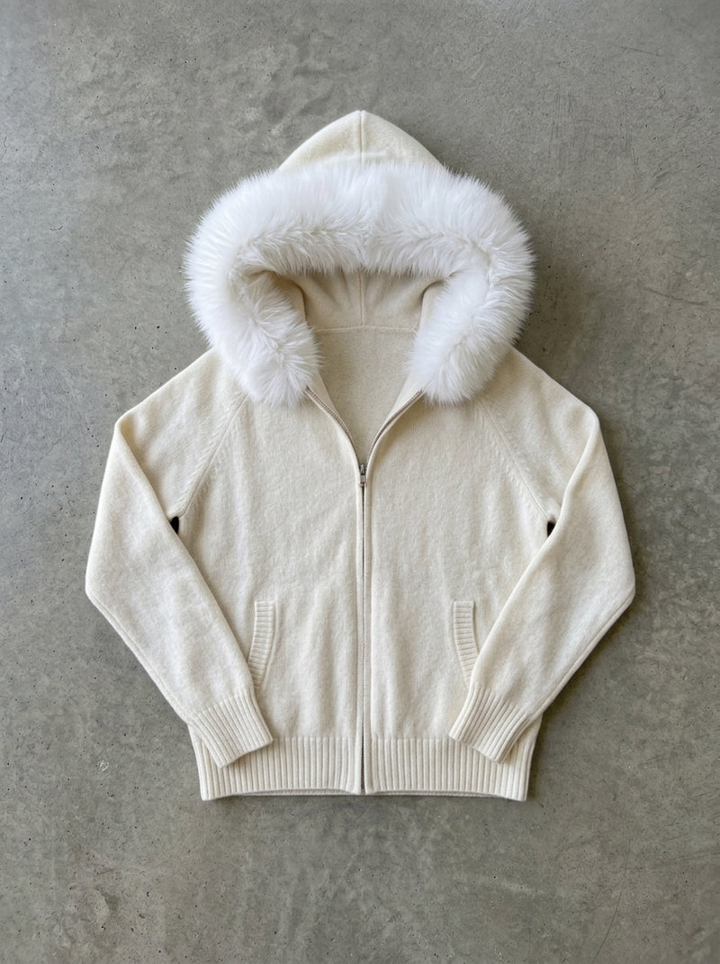 Fluffy Hood Zip-Up Knit Sweater Jacket in White