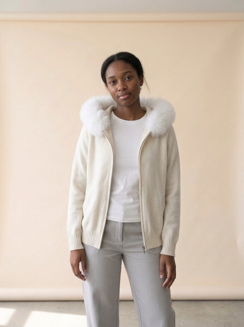 Fluffy Hood Zip-Up Knit Sweater Jacket in Grey, worn