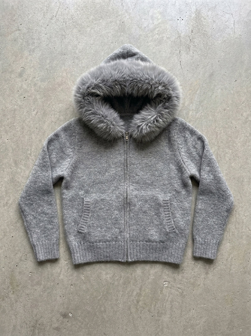 Fluffy Hood Zip-Up Knit Sweater Jacket in Grey