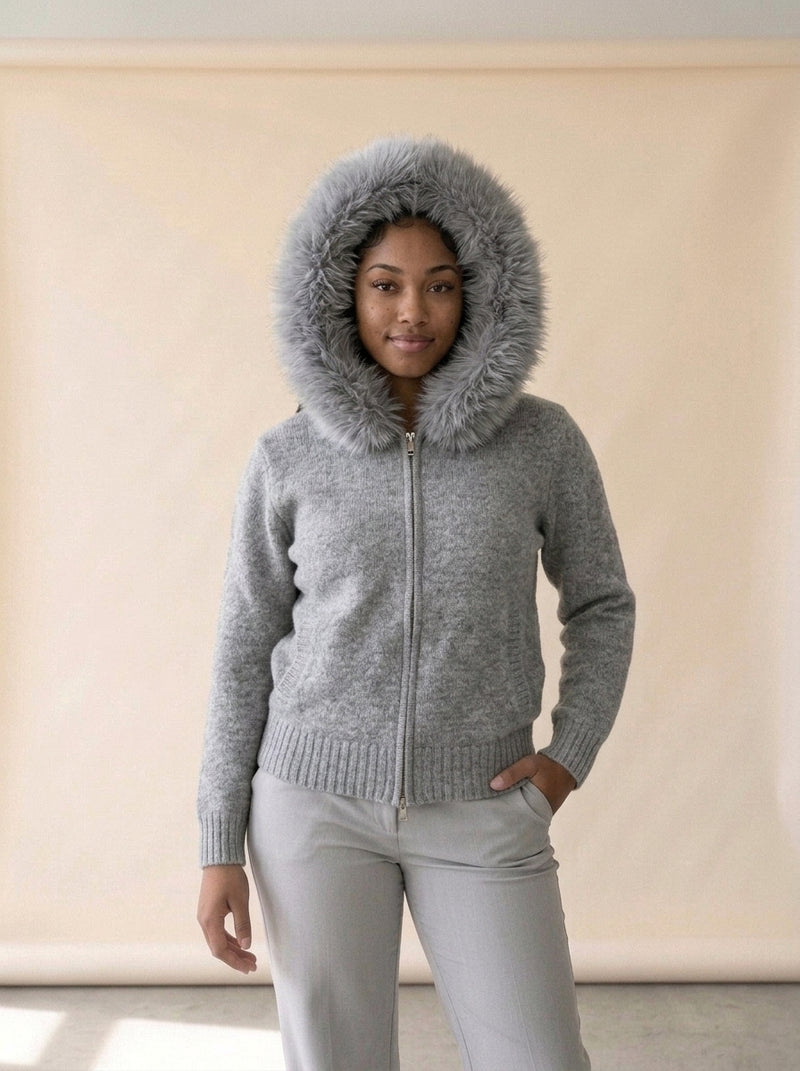 Fluffy Hood Zip-Up Knit Sweater Jacket in Grey, worn