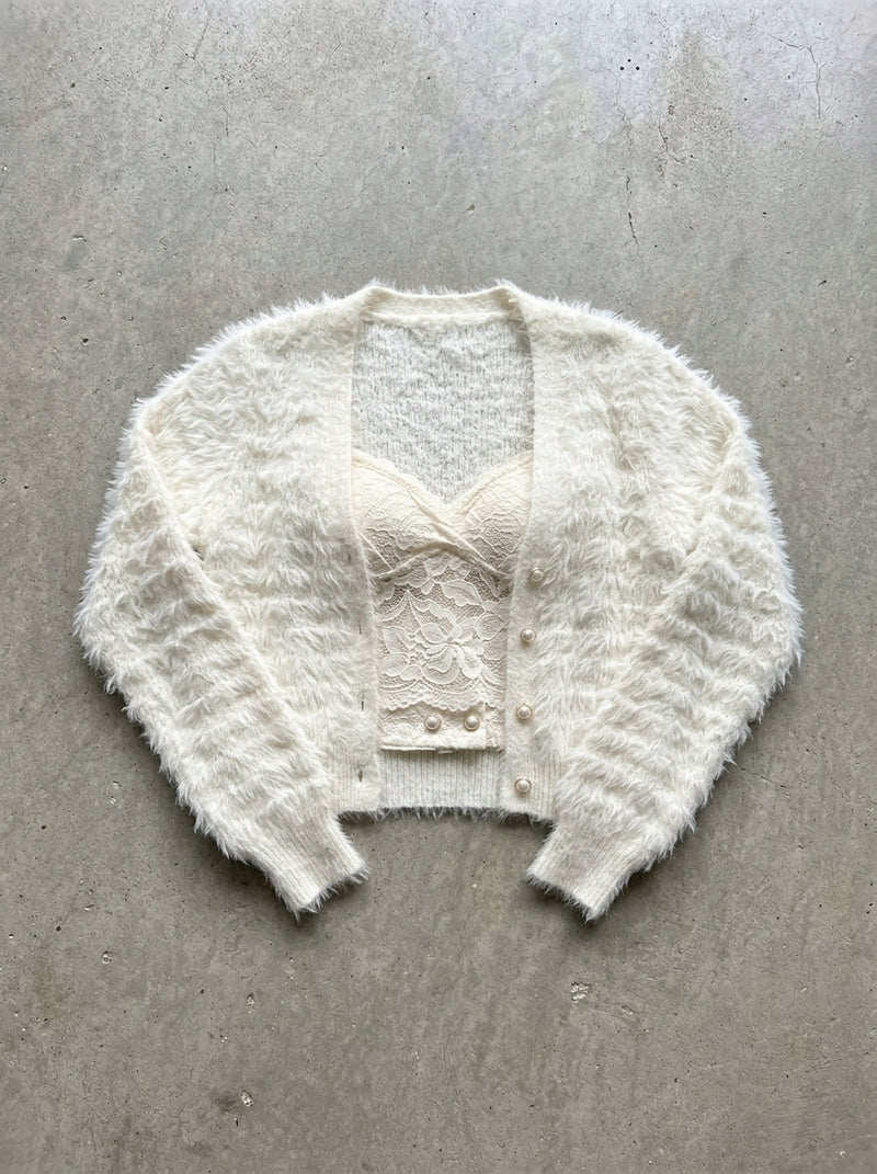 Fluffy Sleeve Cropped Knit Cardigan in White high quality