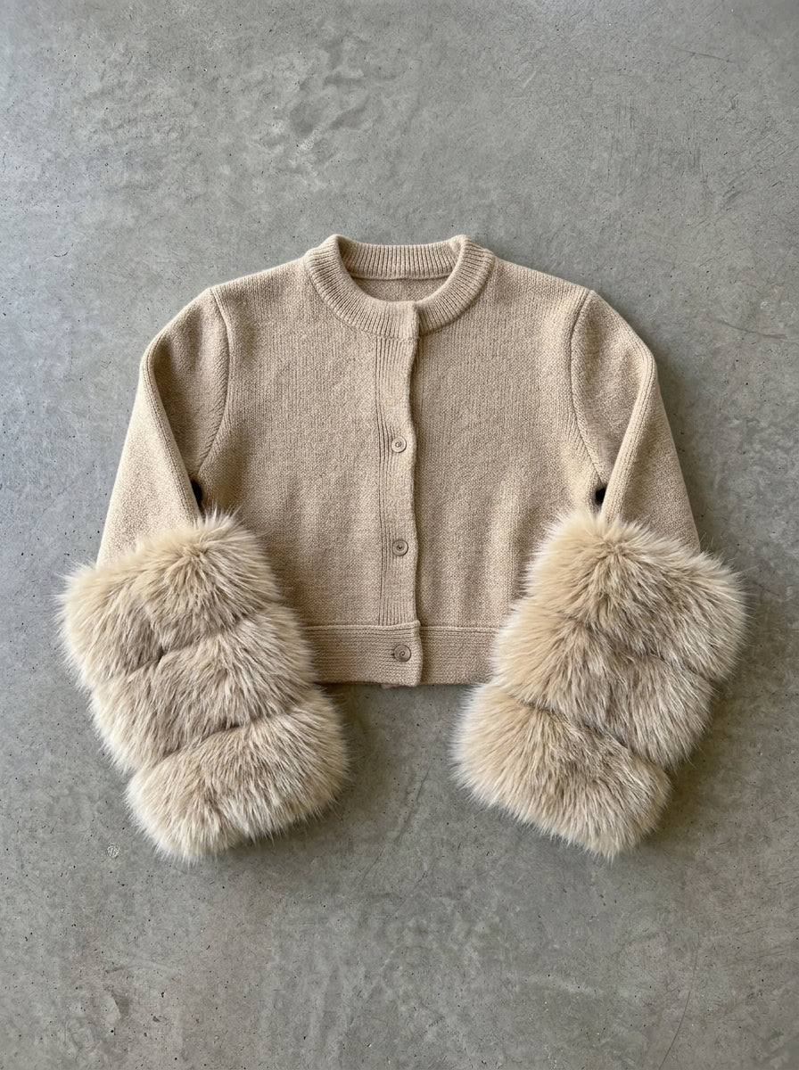 Fluffy Sleeve Cropped Knit Cardigan in Khaki premium quality