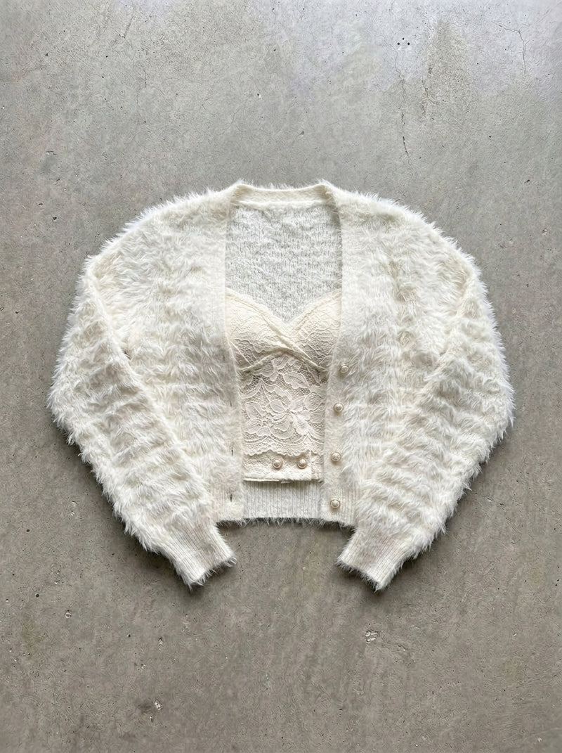 Fluffy Sleeve Cropped Knit Cardigan in White