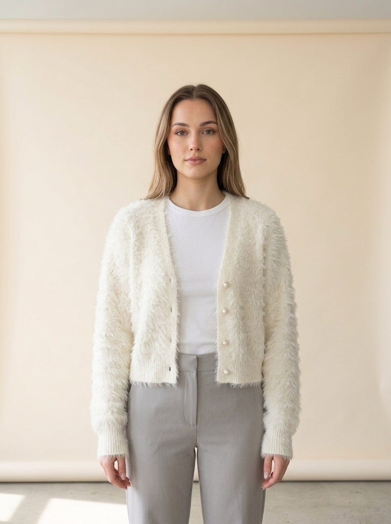 Fluffy Sleeve Cropped Knit Cardigan in White, worn