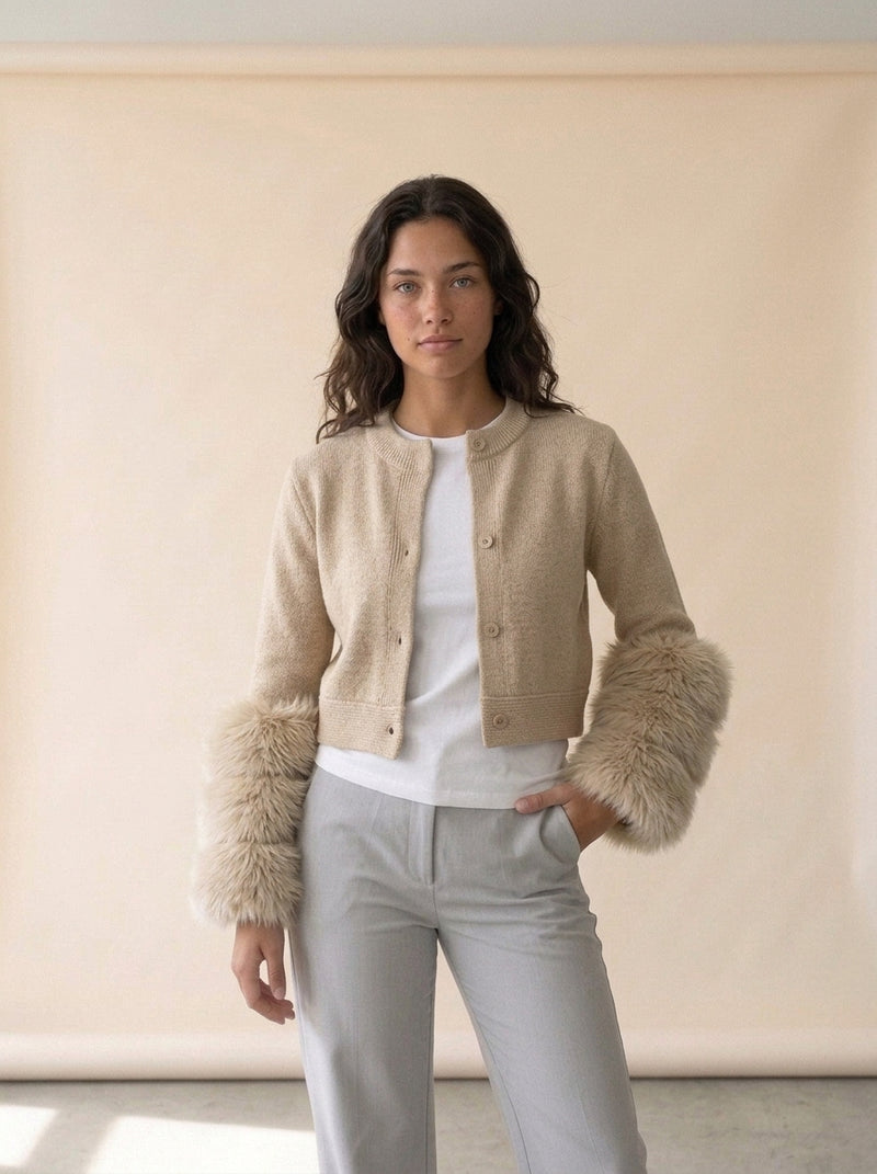 Fluffy Sleeve Cropped Knit Cardigan in Khaki (premium), worn