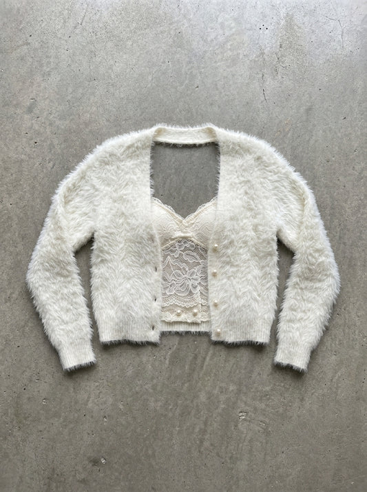 Fluffy Sleeve Cropped Knit Cardigan in White (premium)