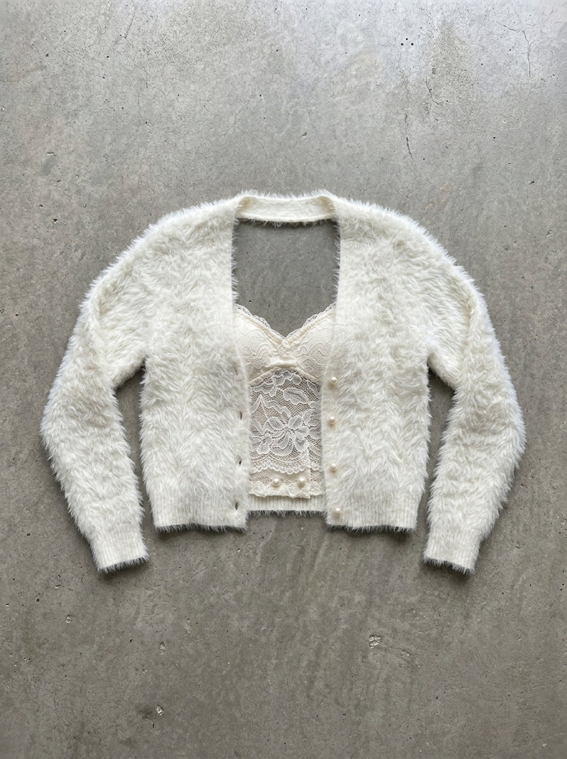 Fluffy Sleeve Cropped Knit Cardigan in White (premium)