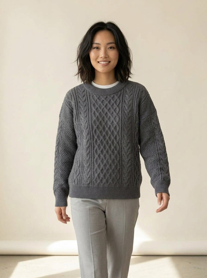 Men's Cable Knit Crew Neck Sweater in Grey, worn