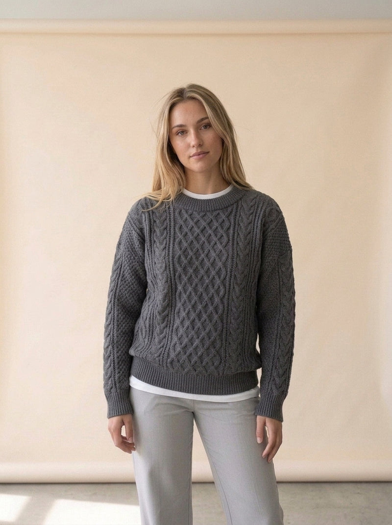 Men's Cable Knit Crew Neck Sweater in Apricot, worn